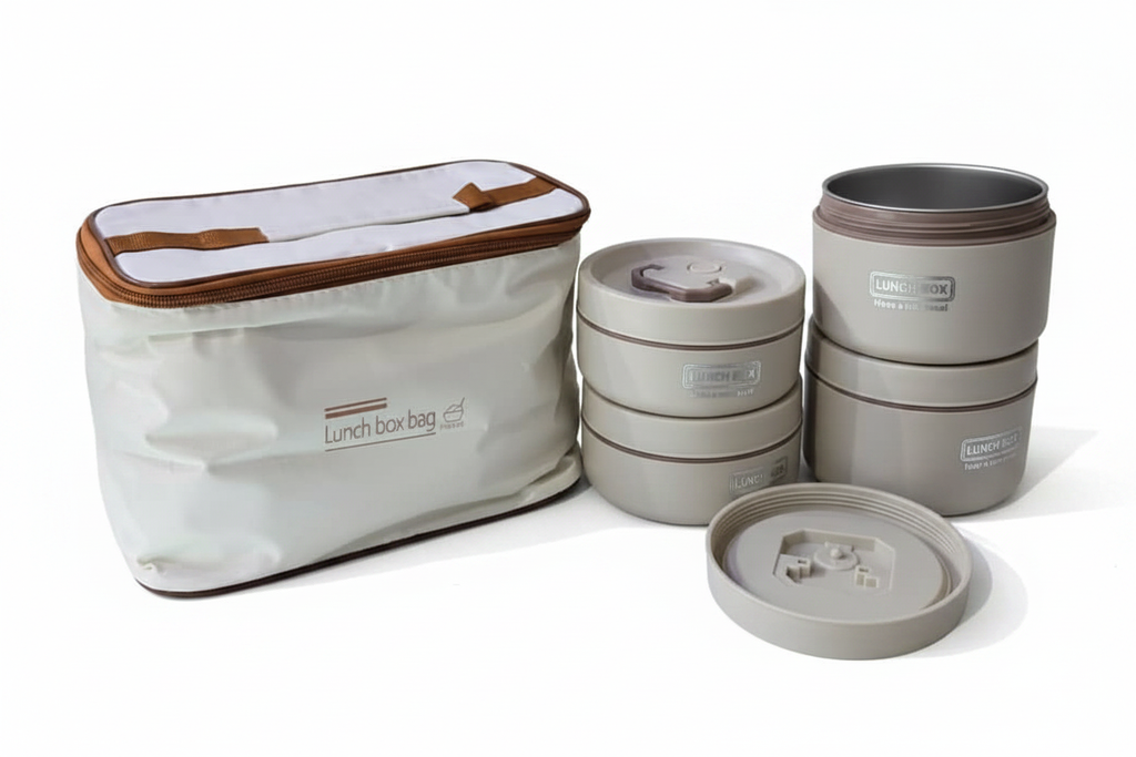 4-Piece Classic Lunch Box Set with insulated bag on white background