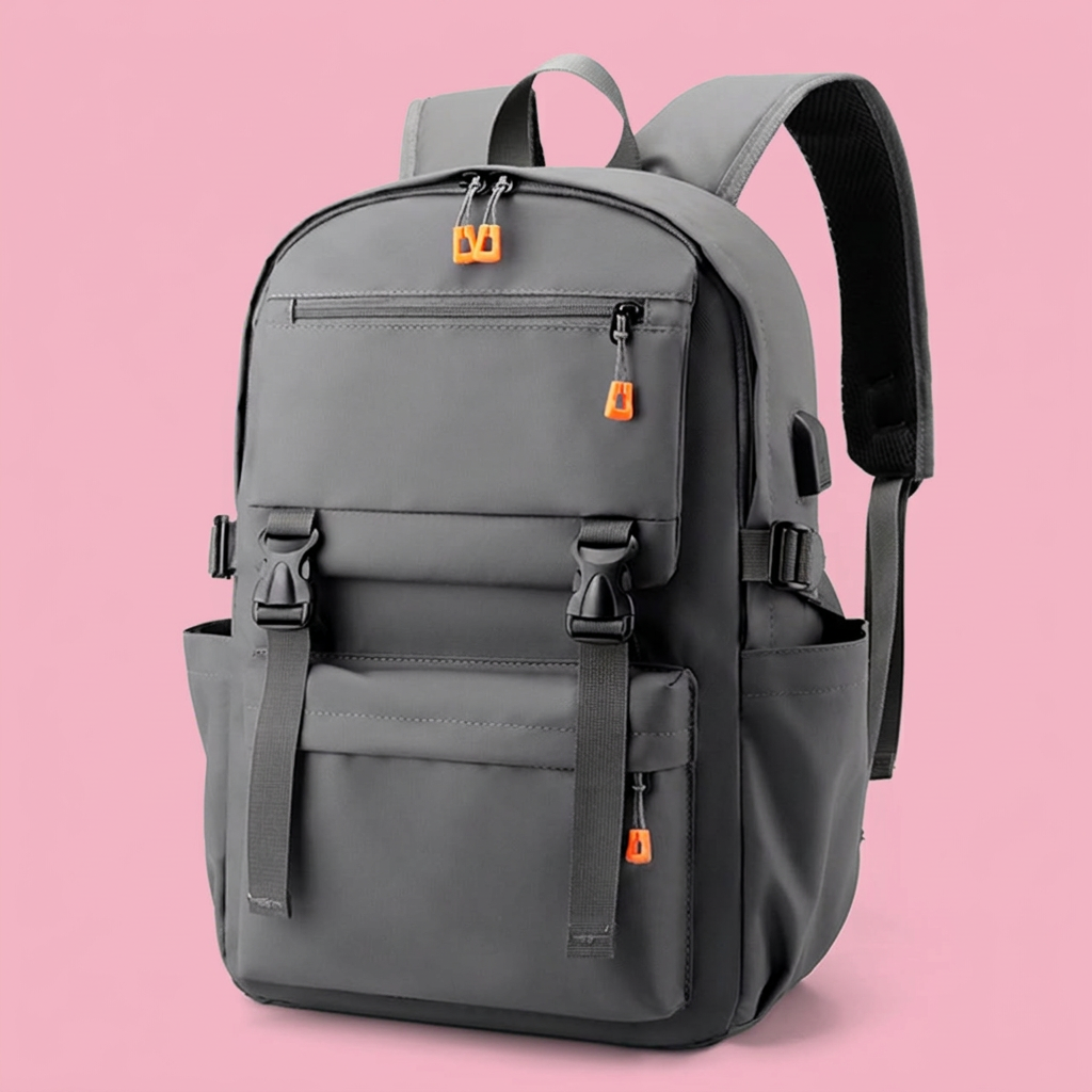 Grey multi-pocket backpack with orange zipper pulls on soft pink background
