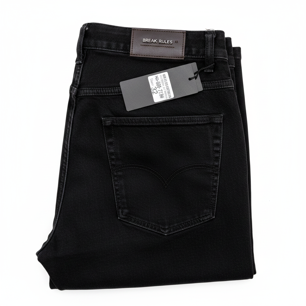 Men's black denim jeans folded white background