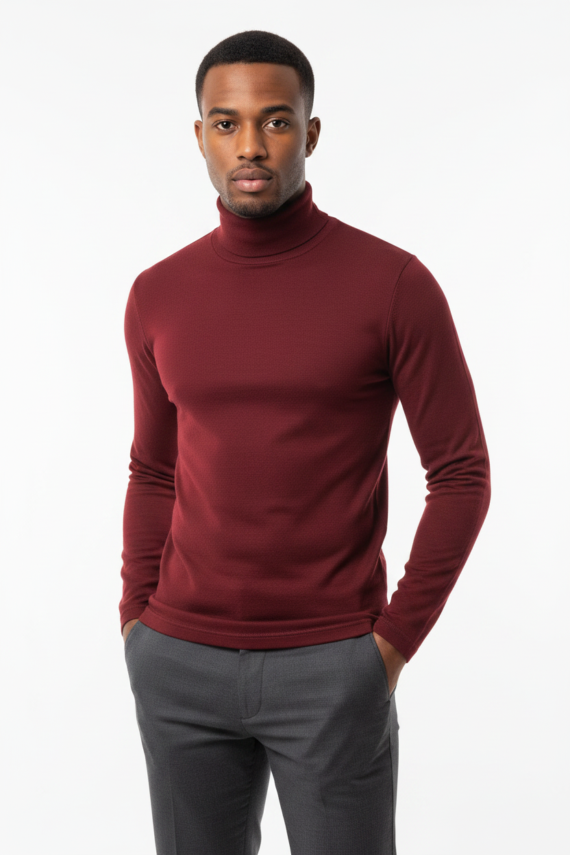 Men's Wine Red Turtleneck Sweater - lifestyle