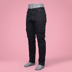 Black cargo pants on a mannequin against a soft pink background