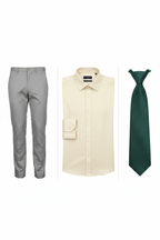 Light grey pants, cream Monza Italy shirt and forest green tie combo - full length