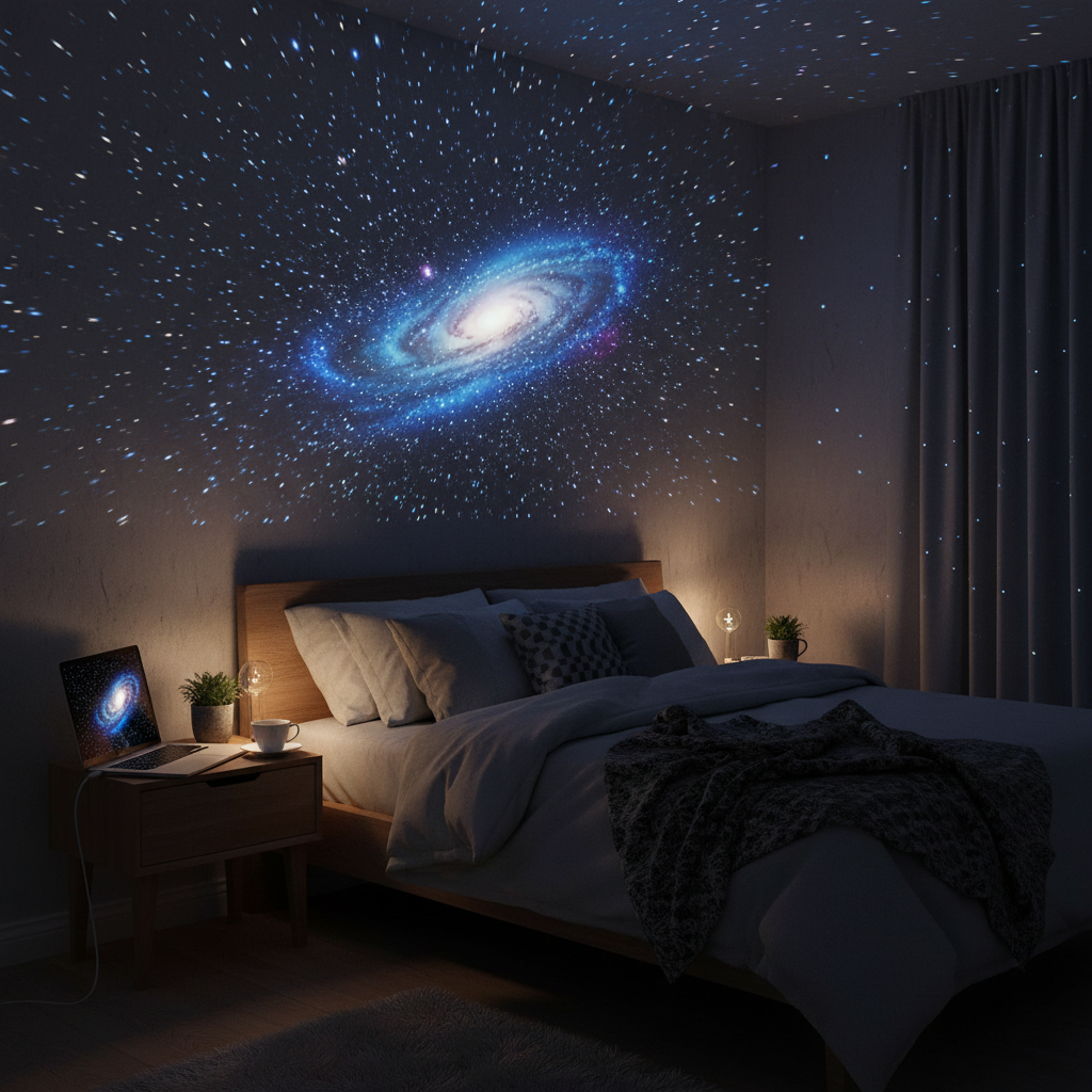 USB Star Projector projecting galaxy onto bedroom ceiling lifestyle shot