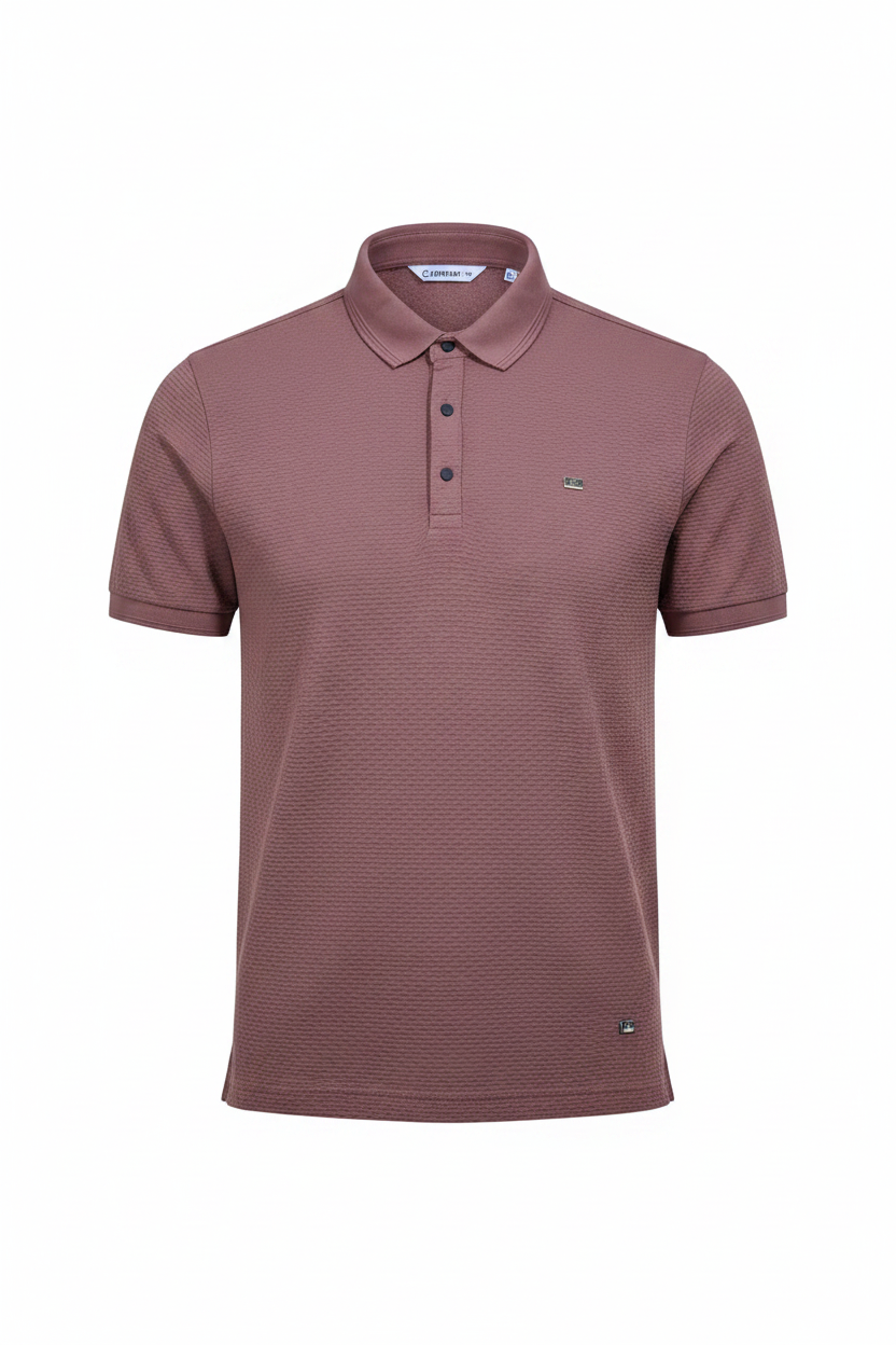 Everyday full length mauve polo shirt white background