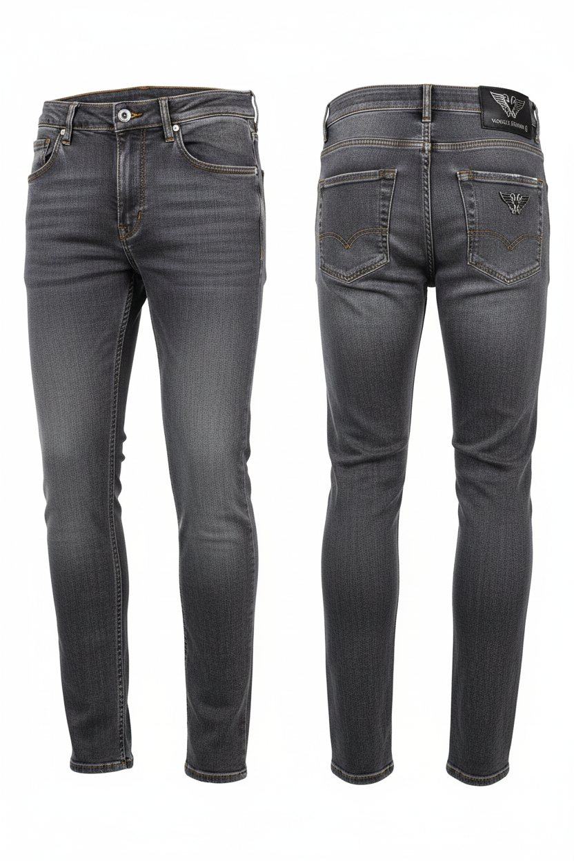 Men's washed grey denim jeans full body white background