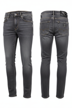Men's washed grey denim jeans full body white background
