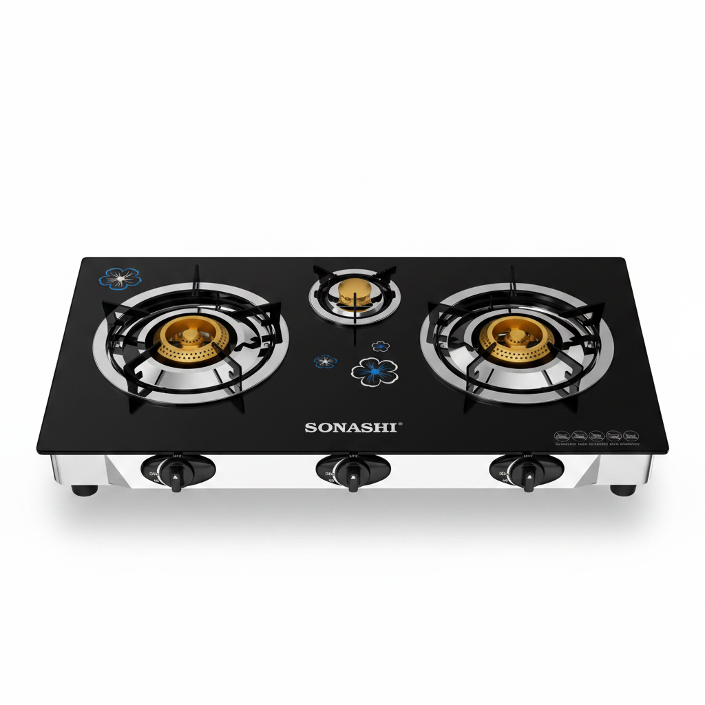 Sonashi 3 Burner Glass Gas Cooker - White Background