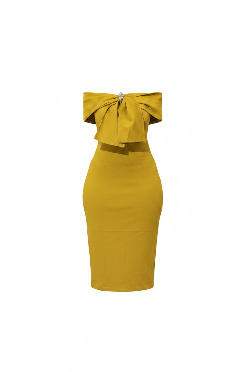 Mustard Yellow Off-Shoulder Bow-Front Bodycon Midi Dress - White Background