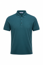 Everyday full length teal polo shirt white background