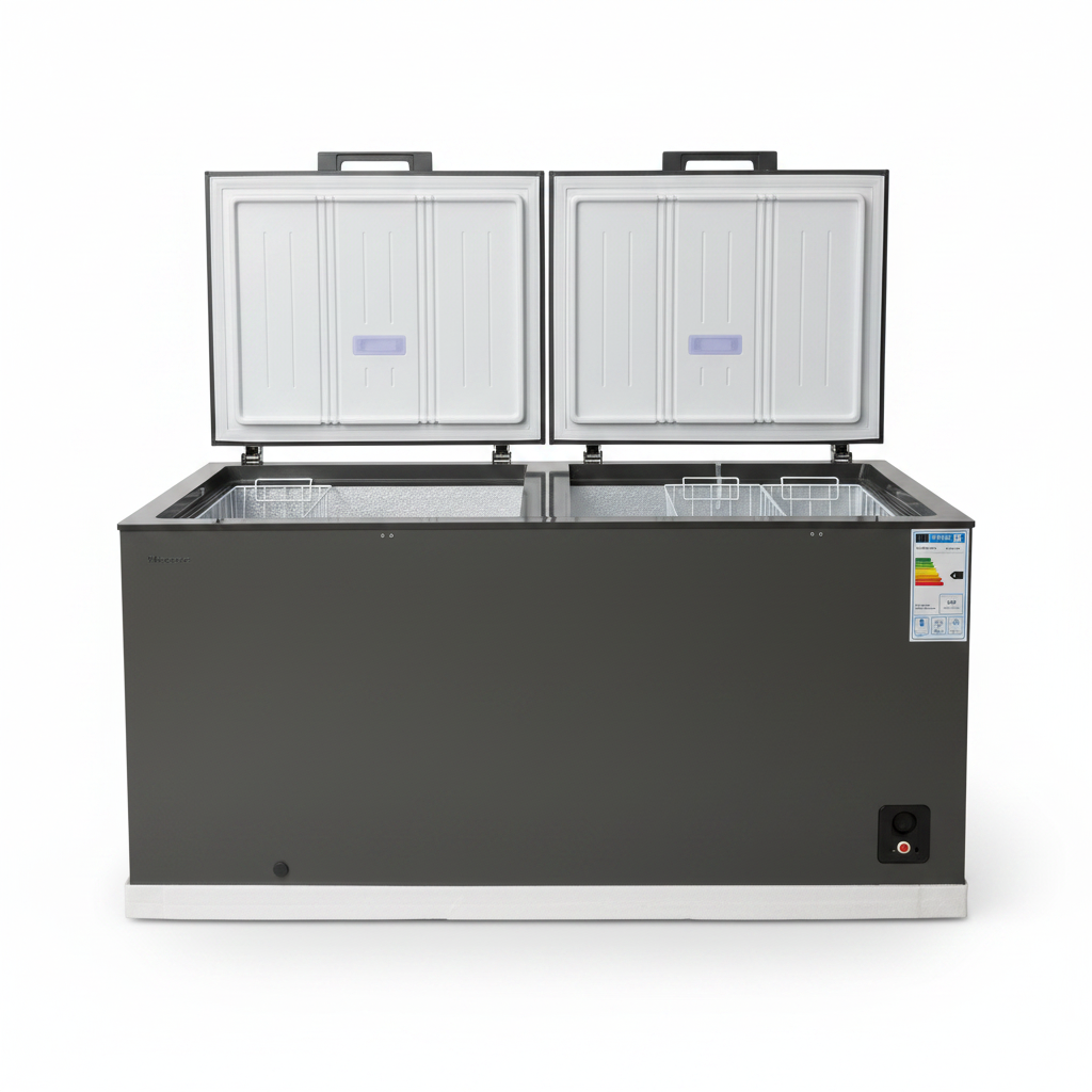 Hisense 660L double door chest freezer on white background