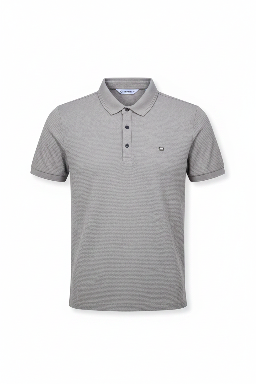 Everyday full length grey polo shirt white background