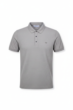 Everyday full length grey polo shirt white background