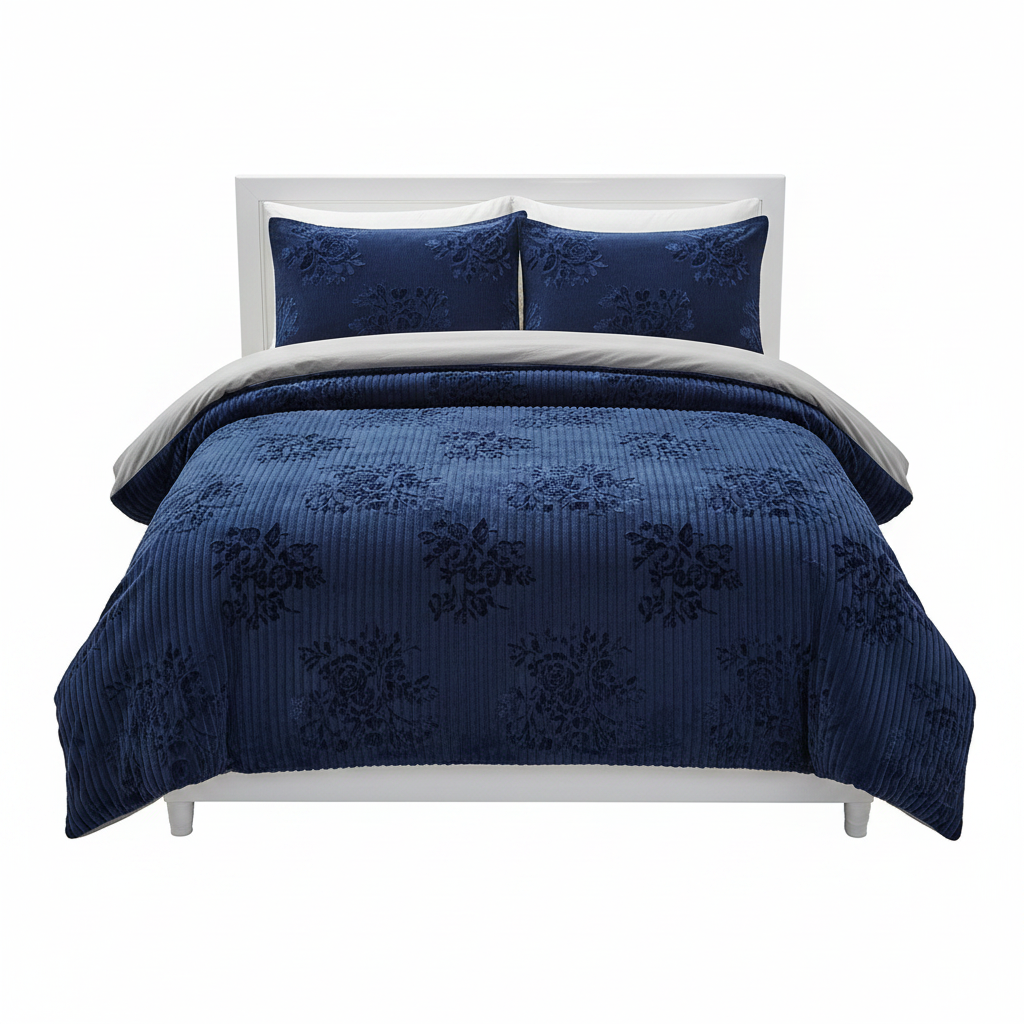 Dark Navy Embossed Velvet 4pc Duvet Set 5x6