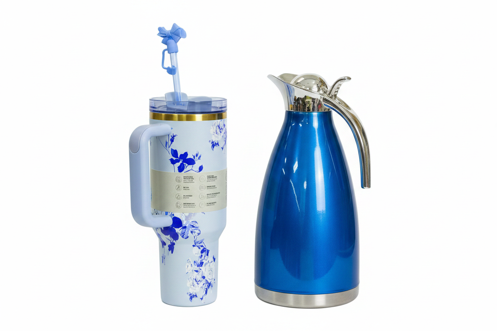 Stanley Cup blue floral tumbler and blue vacuum flask combo white background