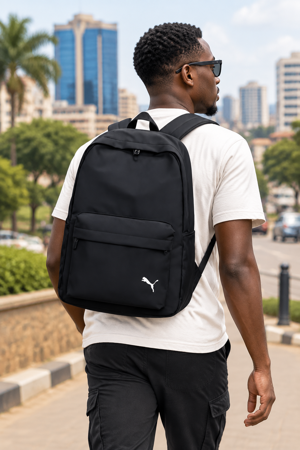 Black backpack worn outdoors