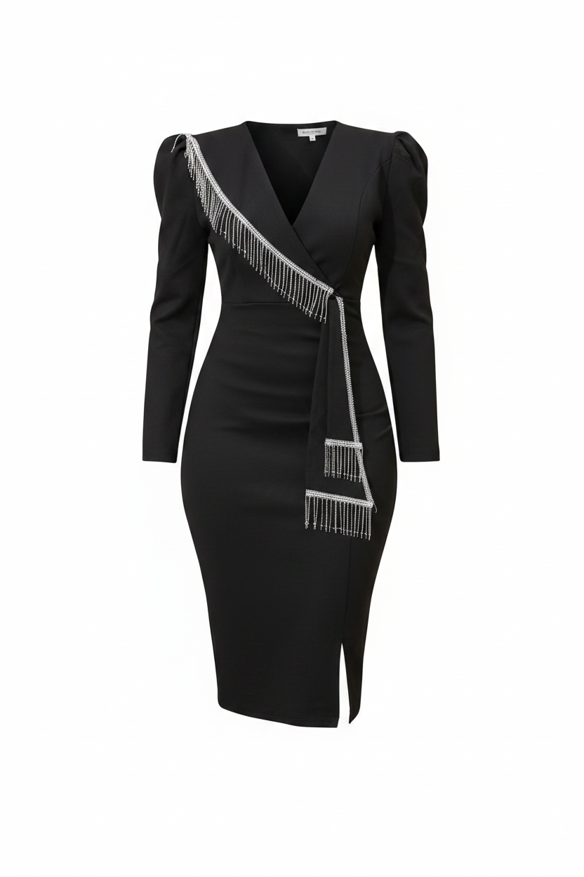 Black Crystal Fringe Long-Sleeve V-Neck Bodycon Midi Dress - White Background