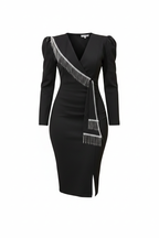 Black Crystal Fringe Long-Sleeve V-Neck Bodycon Midi Dress - White Background
