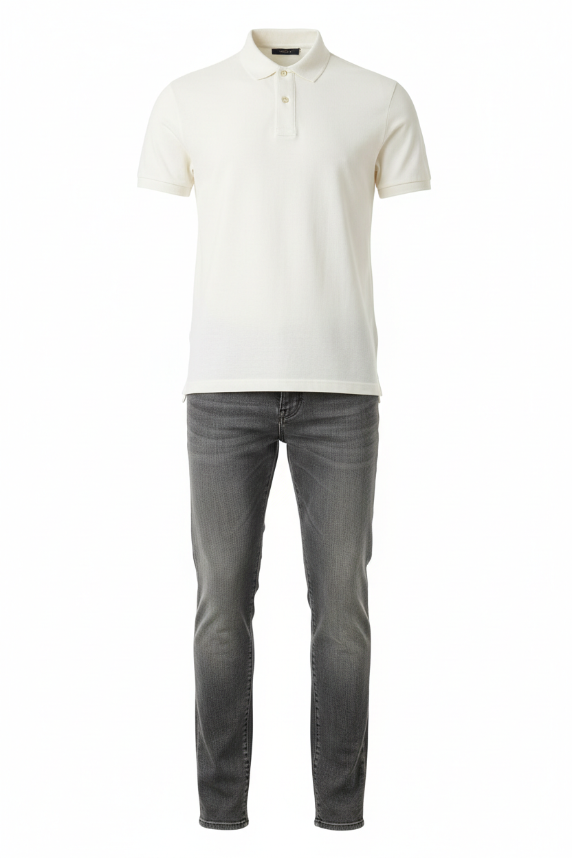 Cream shirt and washed grey jeans outfit combo