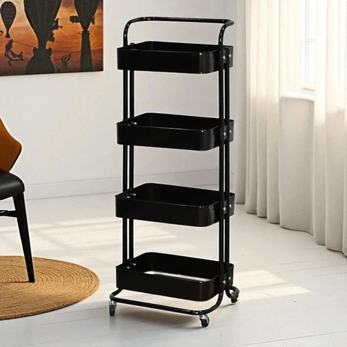 4-Tier Rolling Storage Cart with Handle – Black Metal