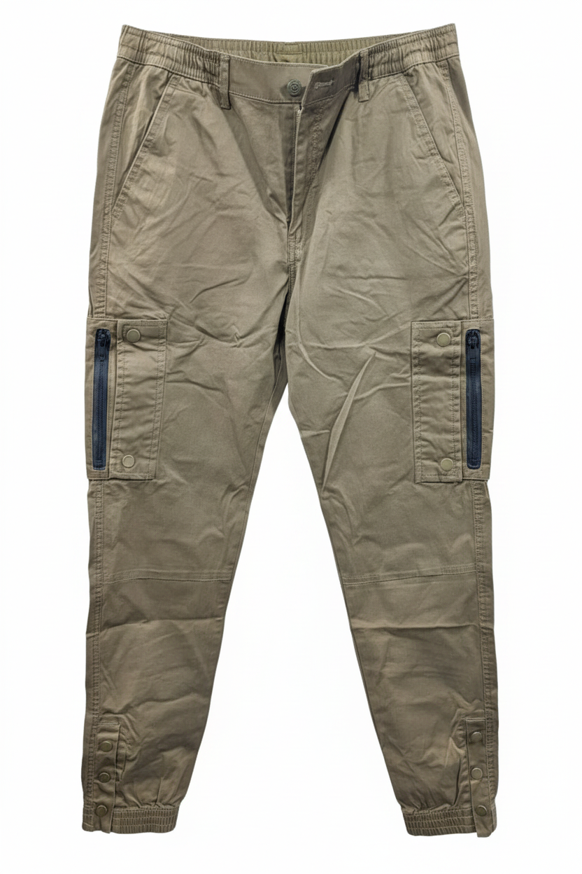 Men's khaki cargo pants - white background studio shot