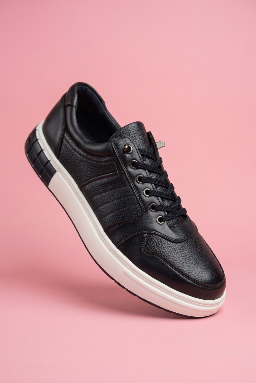 Black panelled lace-up sneaker on soft pink background
