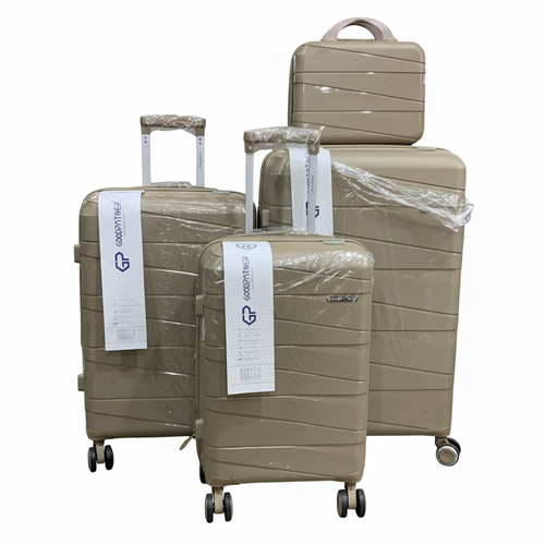Champagne GoodPartner 4-piece hardshell luggage set on white background