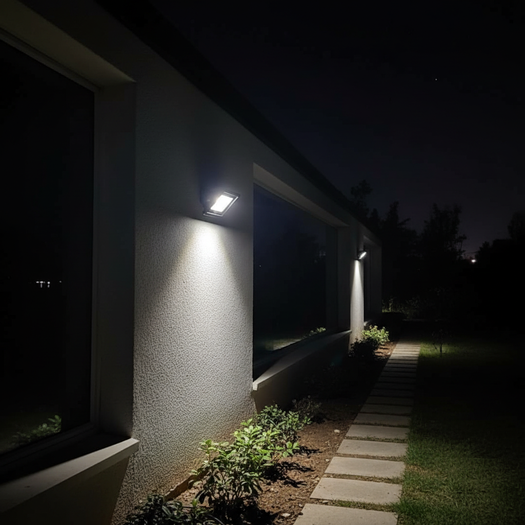 Neelux 20W LED flood light illuminating outdoor area at night