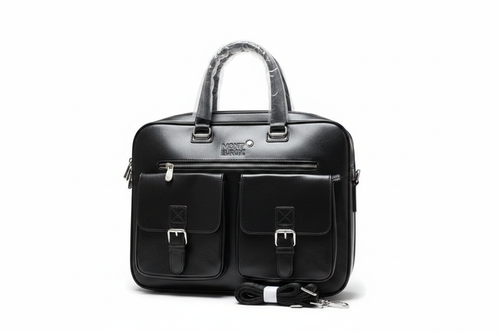 Men's Black Leather Briefcase Laptop Bag white background