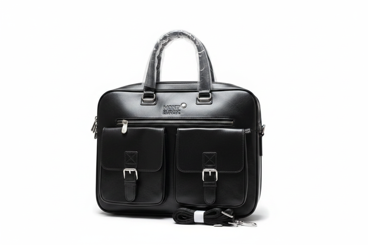 Men's Black Leather Briefcase Laptop Bag white background