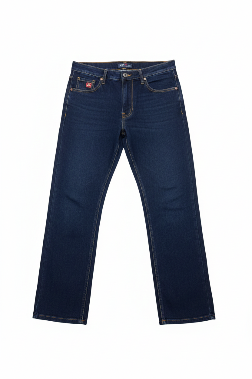 Two V9 Star Jeans in deep navy blue and charcoal black shown full length on a white background