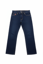 Two V9 Star Jeans in deep navy blue and charcoal black shown full length on a white background