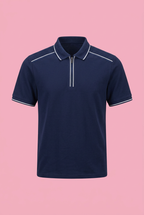 Navy zip-neck polo shirt with white piping on soft pink background