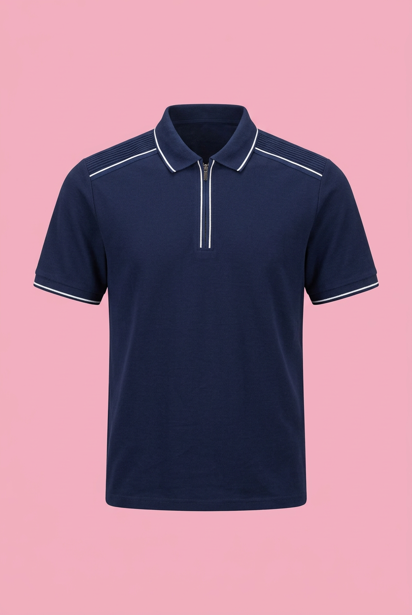 Navy zip-neck polo shirt with white piping on soft pink background