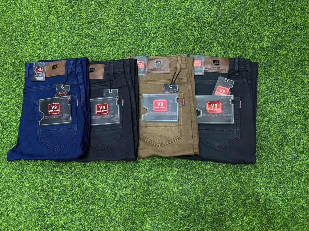 Four V9 Star Jeans in blue, black, brown, and dark charcoal folded together