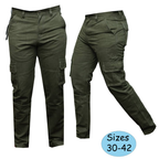 Original army green cargo pants photo showing sizes 30–42