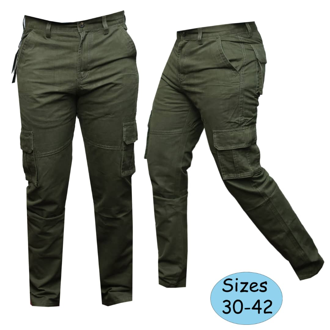 Original army green cargo pants photo showing sizes 30–42