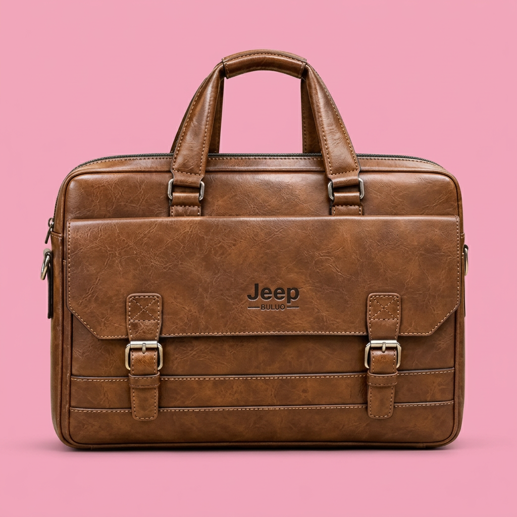Brown double-buckle executive briefcase bag on soft pink background in square format