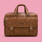 Brown double-buckle executive briefcase bag on soft pink background in square format