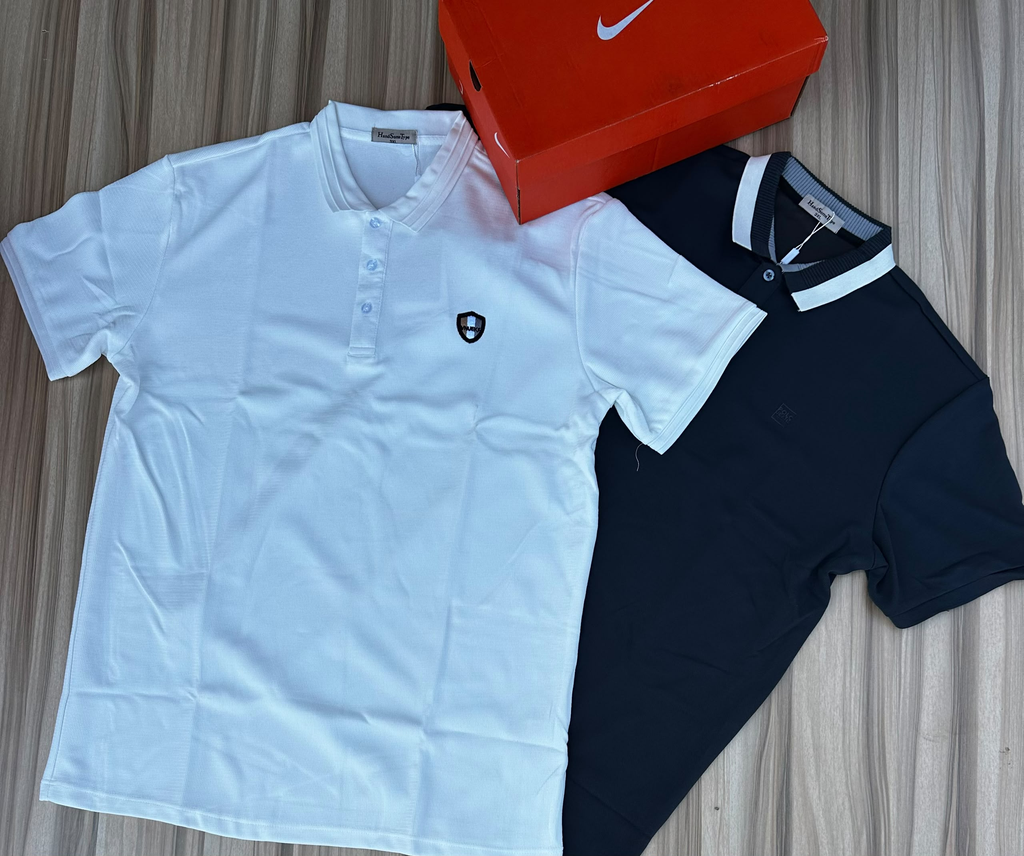Original photo showing the white polo shirt alongside a dark polo; listing is for white shirt only