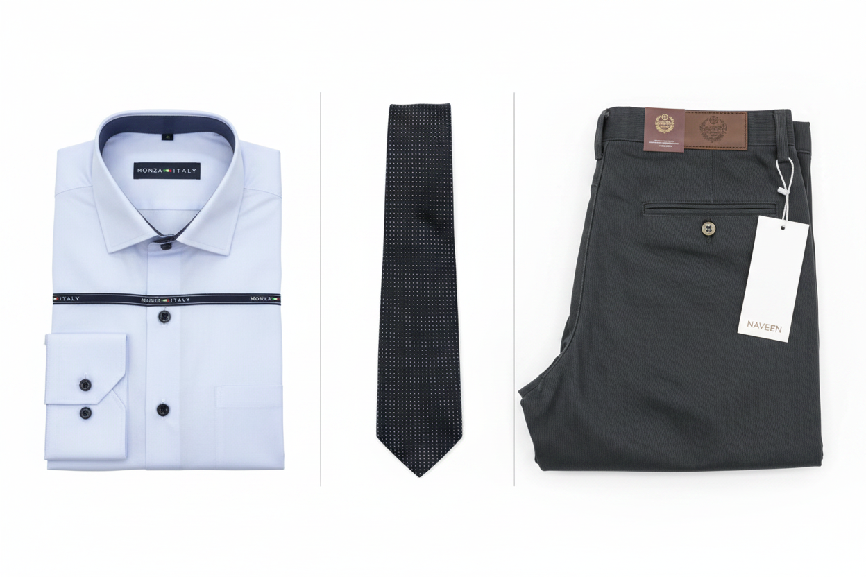 Monza white shirt, navy dotted tie and charcoal khaki pants combo