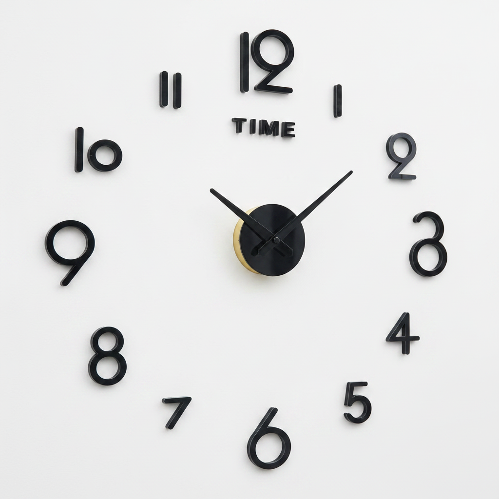 3D frameless DIY wall clock black on white background