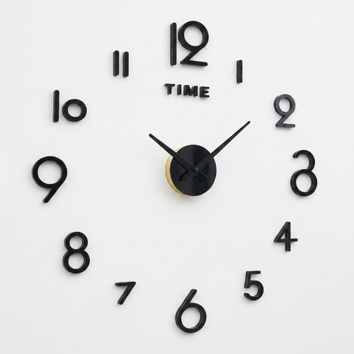 3D frameless DIY wall clock black on white background