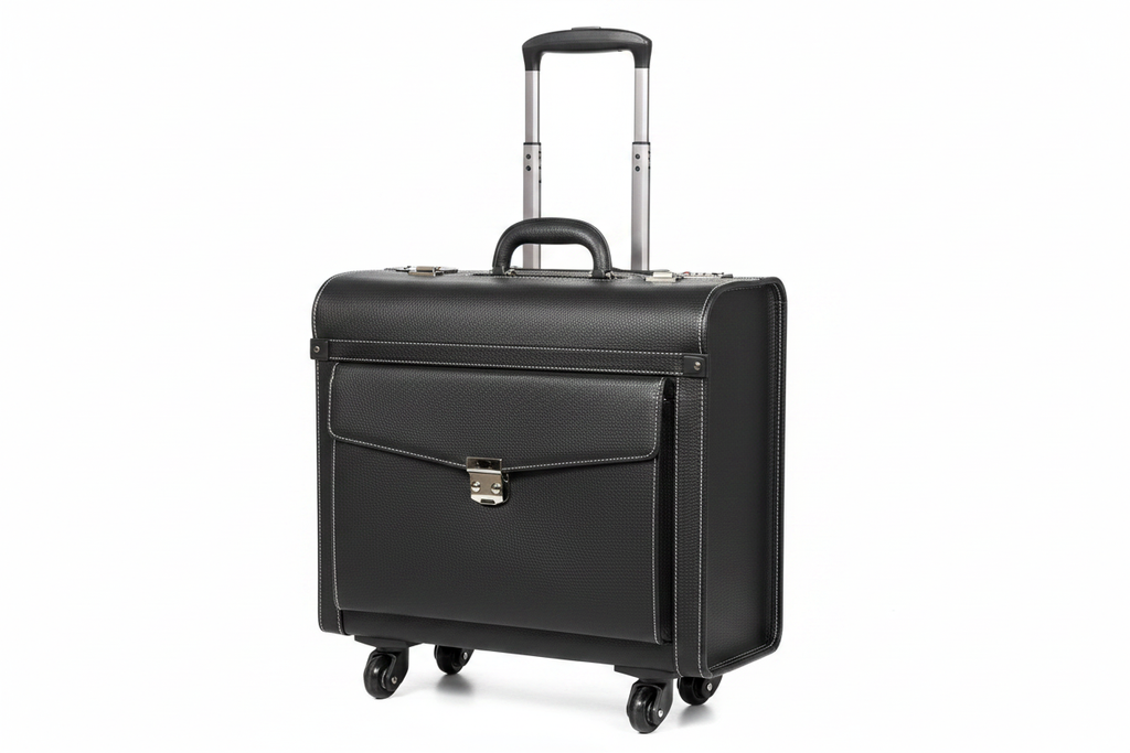Black Leather Pilot Trolley Suitcase on white background