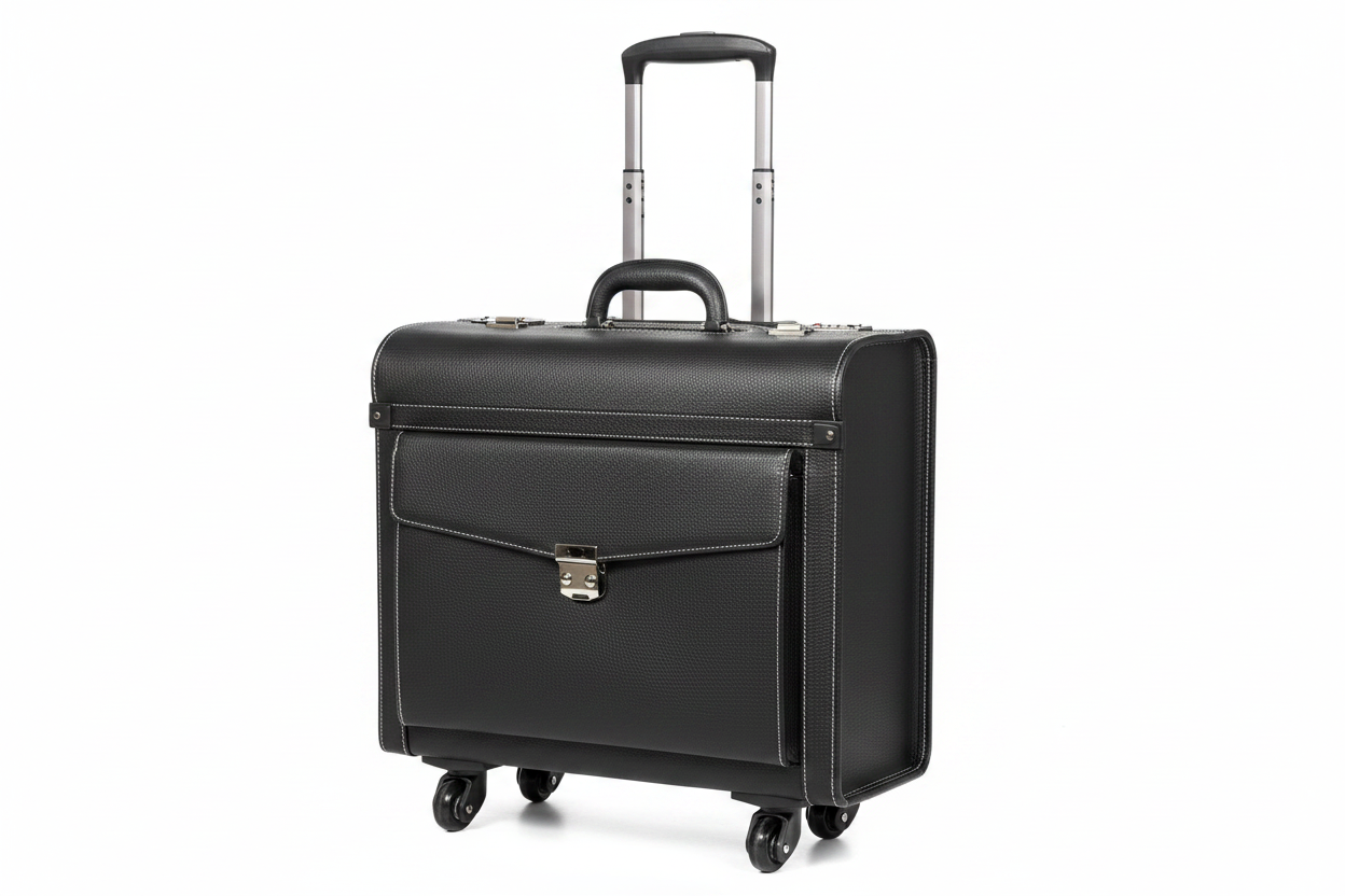 Black Leather Pilot Trolley Suitcase on white background