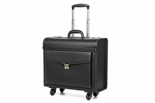 Black Leather Pilot Trolley Suitcase on white background