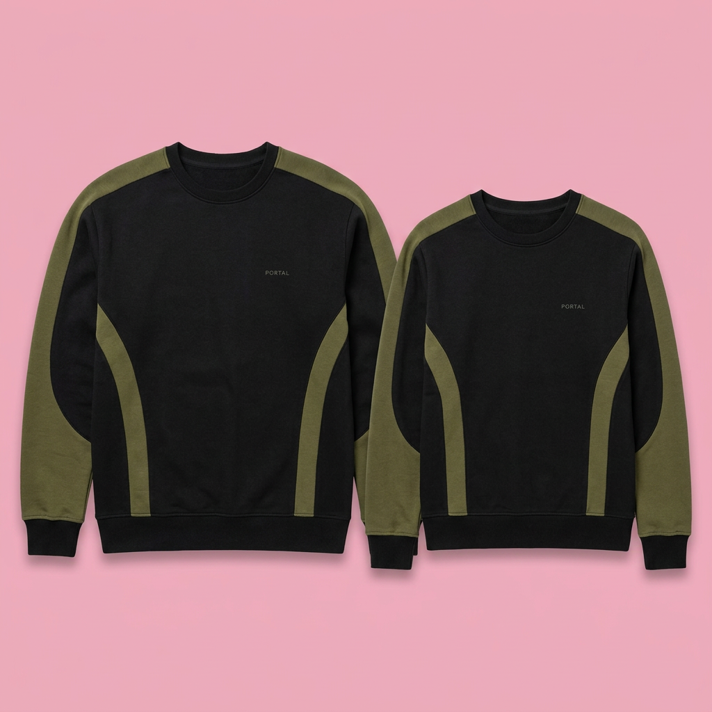 Pair of black and olive colour-block sweatshirts on soft pink background