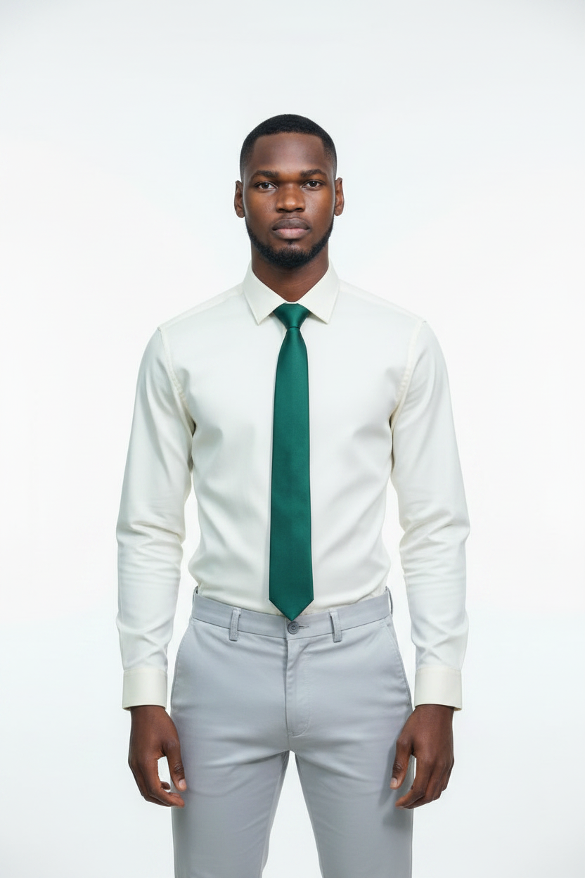 Lifestyle - young African man wearing cream Monza shirt, forest green tie and light grey pants
