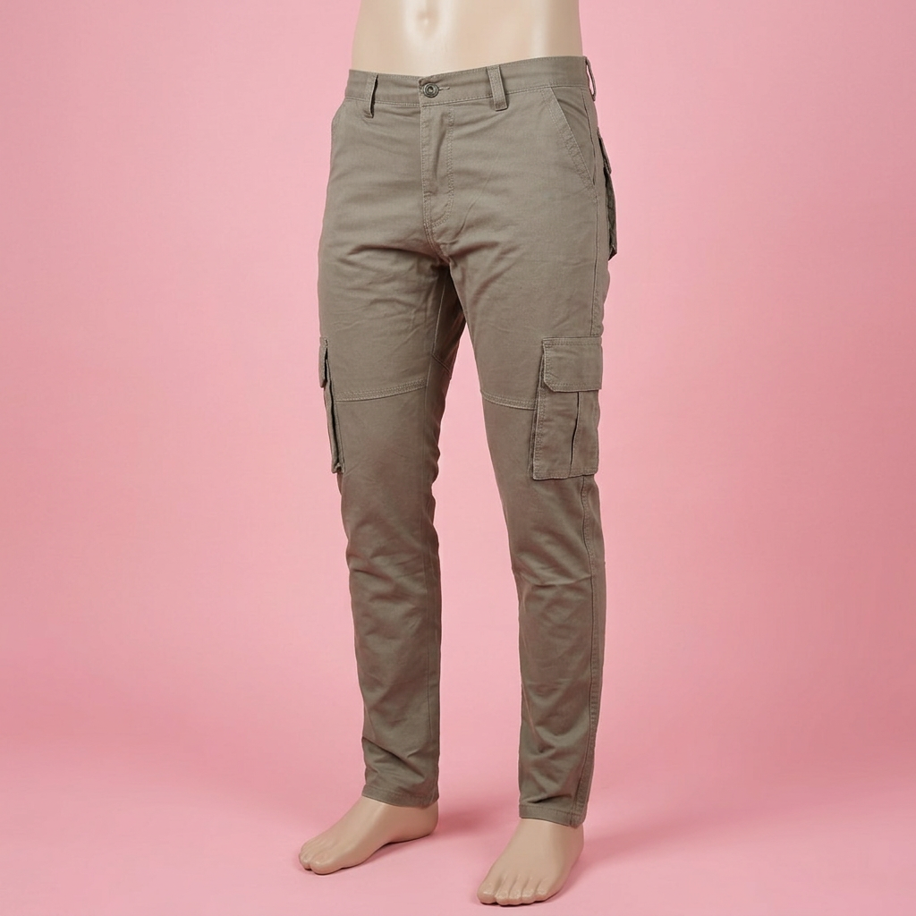 Taupe cargo pants on a mannequin against a soft pink background
