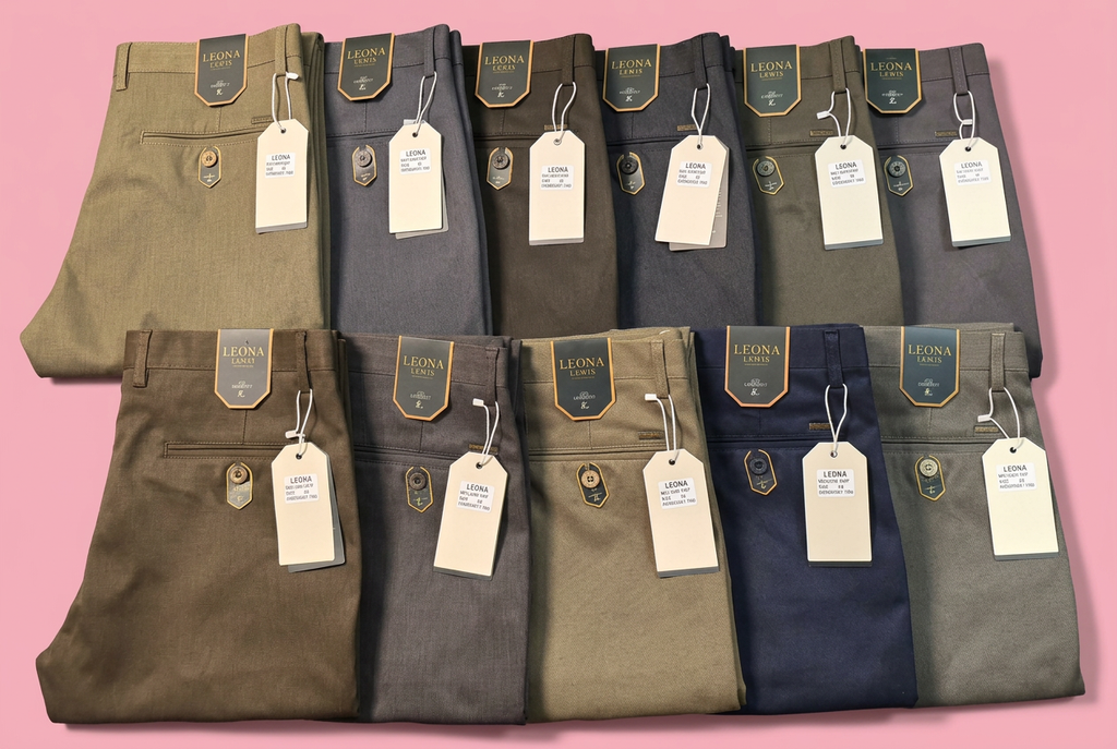 Assorted men's khaki pants on a soft pink background, closely cropped