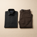 Men's Outfit Combo – Verso Black Dress Shirt and Khaki Dark Brown Pants flat-lay on cream background
